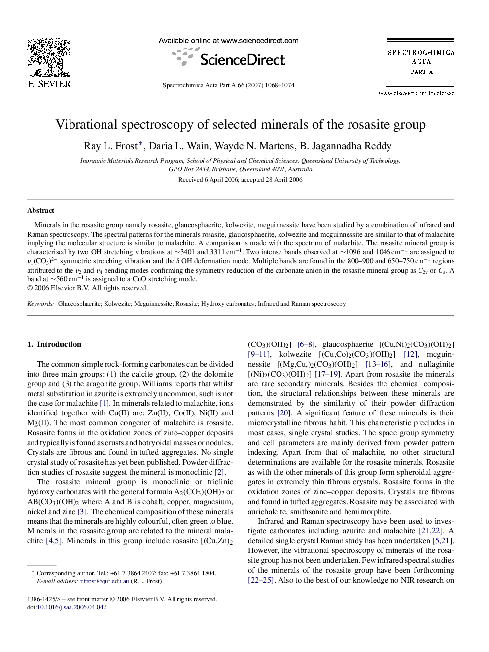 Vibrational spectroscopy of selected minerals of the rosasite group