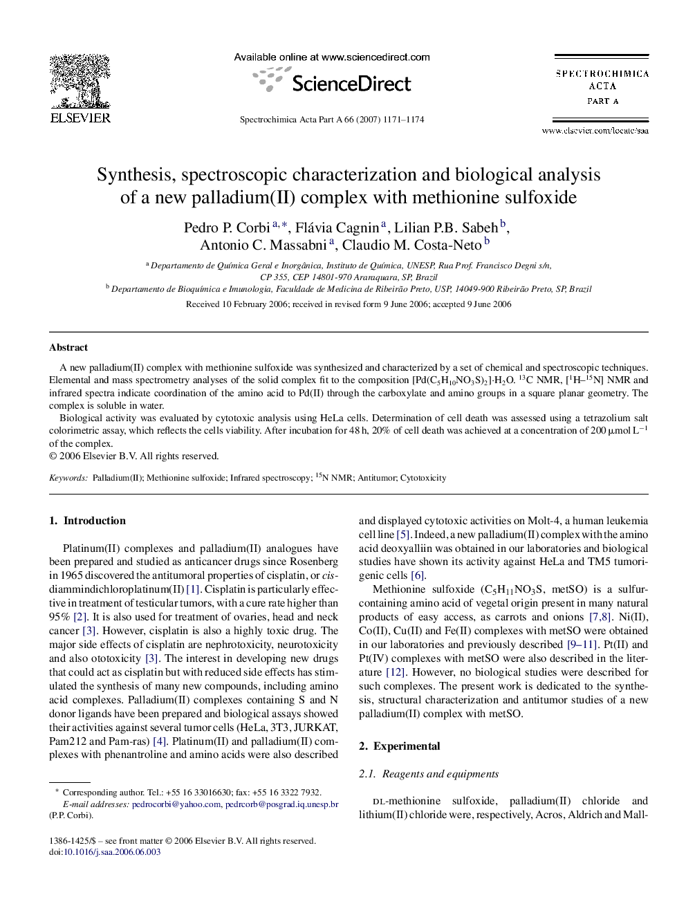 Synthesis, spectroscopic characterization and biological analysis of a new palladium(II) complex with methionine sulfoxide