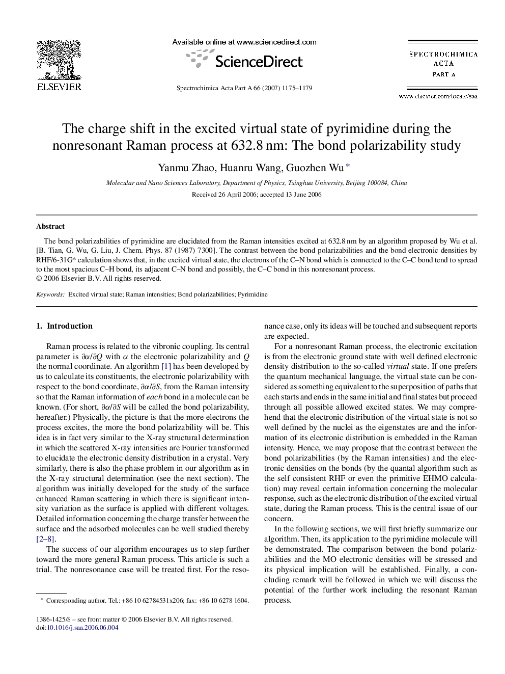 The charge shift in the excited virtual state of pyrimidine during the nonresonant Raman process at 632.8Â nm: The bond polarizability study