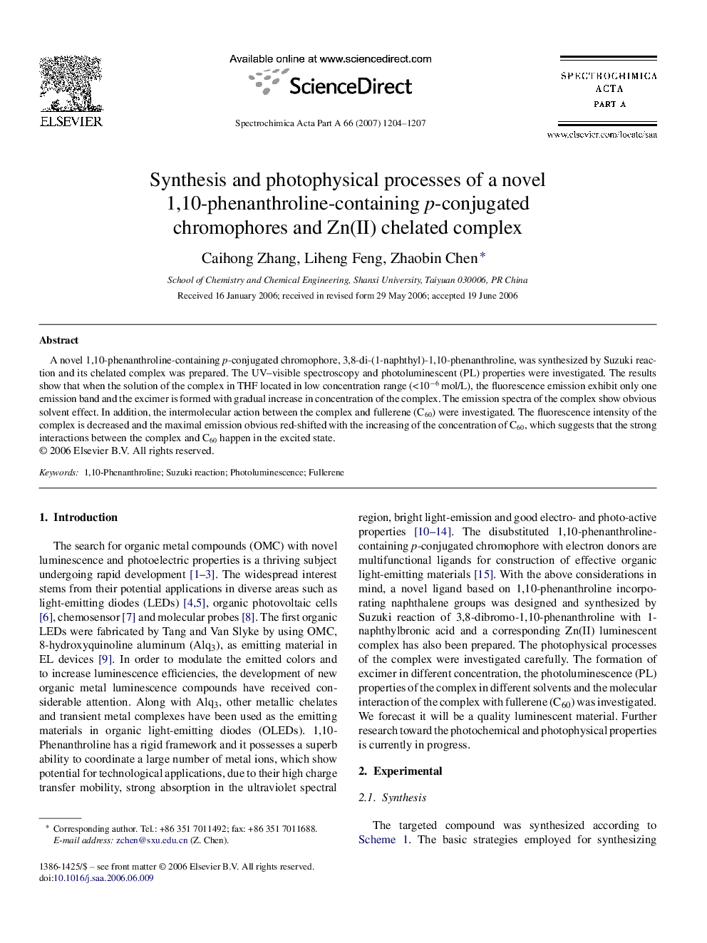 Synthesis and photophysical processes of a novel 1,10-phenanthroline-containing p-conjugated chromophores and Zn(II) chelated complex