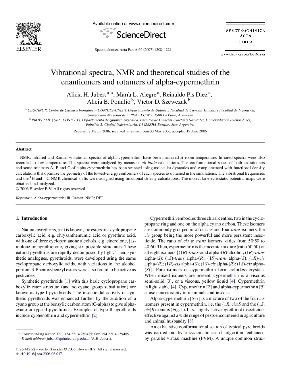 Vibrational spectra, NMR and theoretical studies of the enantiomers and rotamers of alpha-cypermethrin