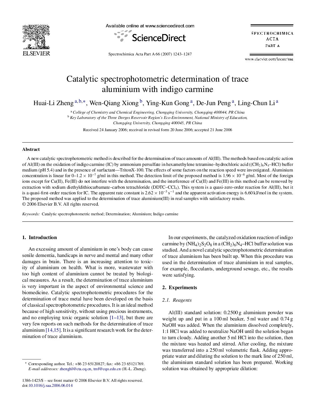 Catalytic spectrophotometric determination of trace aluminium with indigo carmine