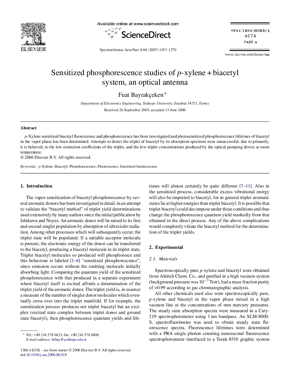 Sensitized phosphorescence studies of p-xyleneÂ +Â biacetyl system, an optical antenna