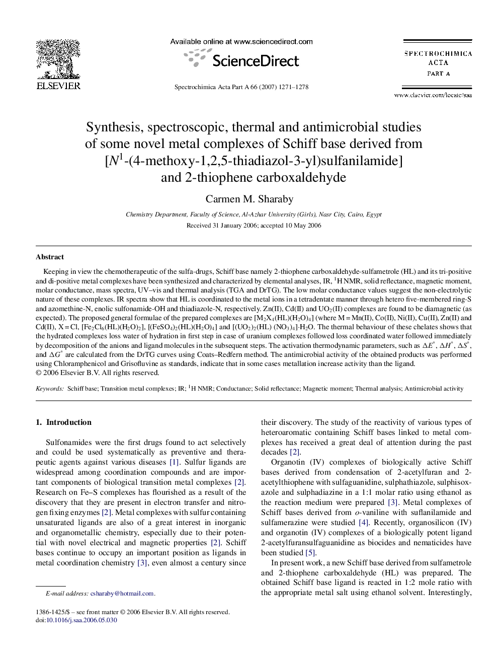 Synthesis, spectroscopic, thermal and antimicrobial studies of some novel metal complexes of Schiff base derived from [N1-(4-methoxy-1,2,5-thiadiazol-3-yl)sulfanilamide] and 2-thiophene carboxaldehyde