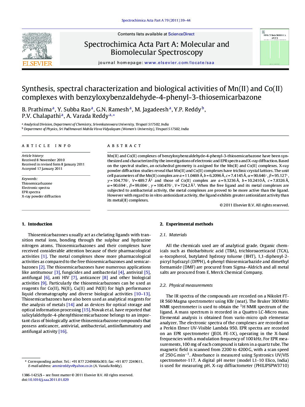 Synthesis, spectral characterization and biological activities of Mn(II) and Co(II) complexes with benzyloxybenzaldehyde-4-phenyl-3-thiosemicarbazone