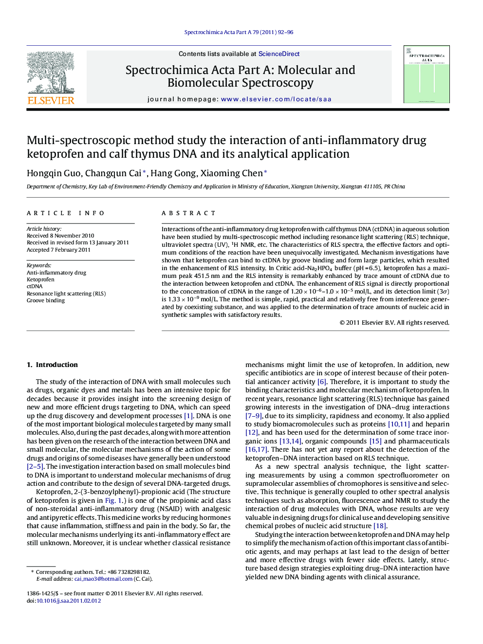 Multi-spectroscopic method study the interaction of anti-inflammatory drug ketoprofen and calf thymus DNA and its analytical application