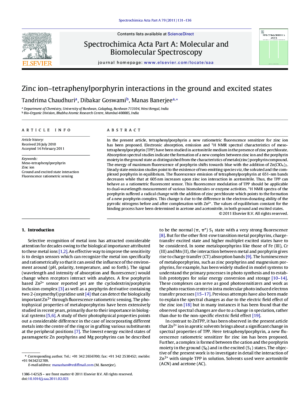 Zinc ion–tetraphenylporphyrin interactions in the ground and excited states