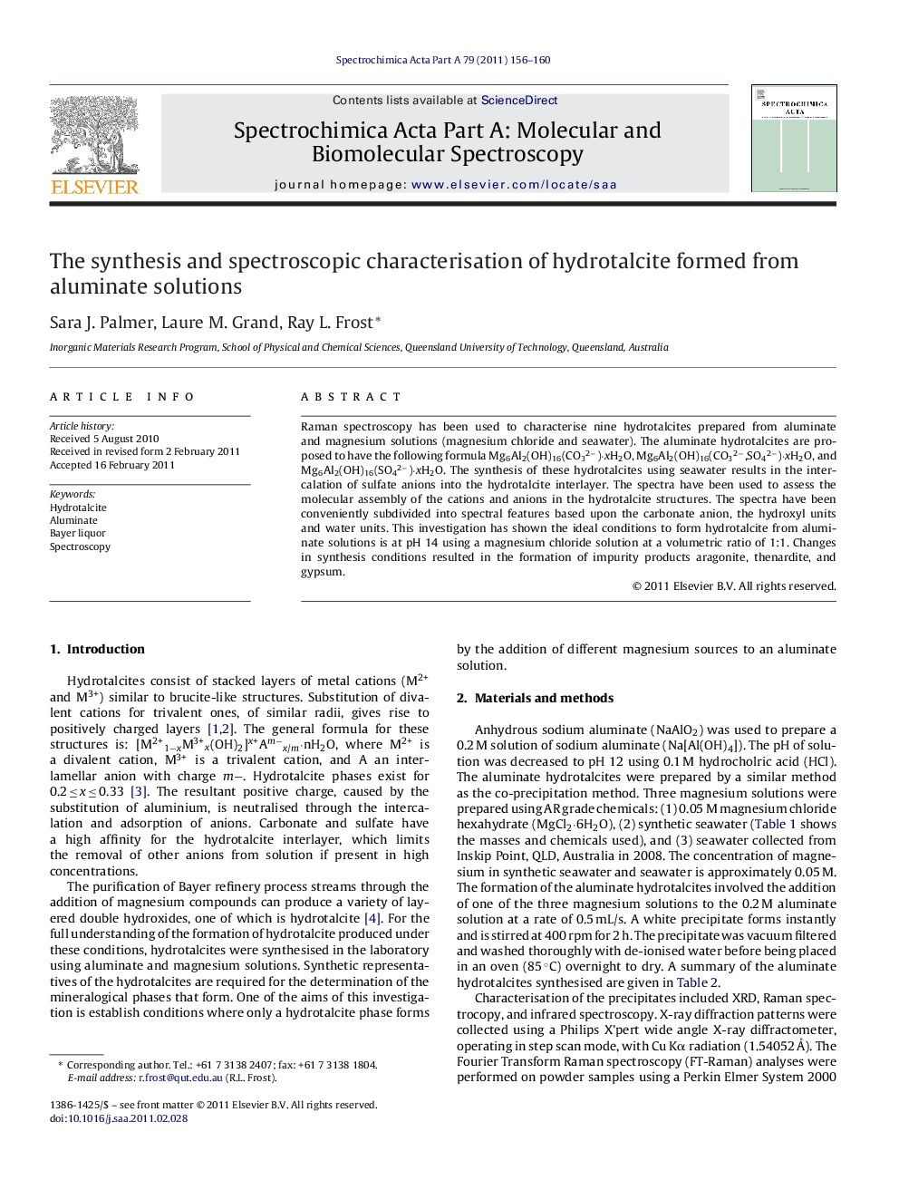 The synthesis and spectroscopic characterisation of hydrotalcite formed from aluminate solutions