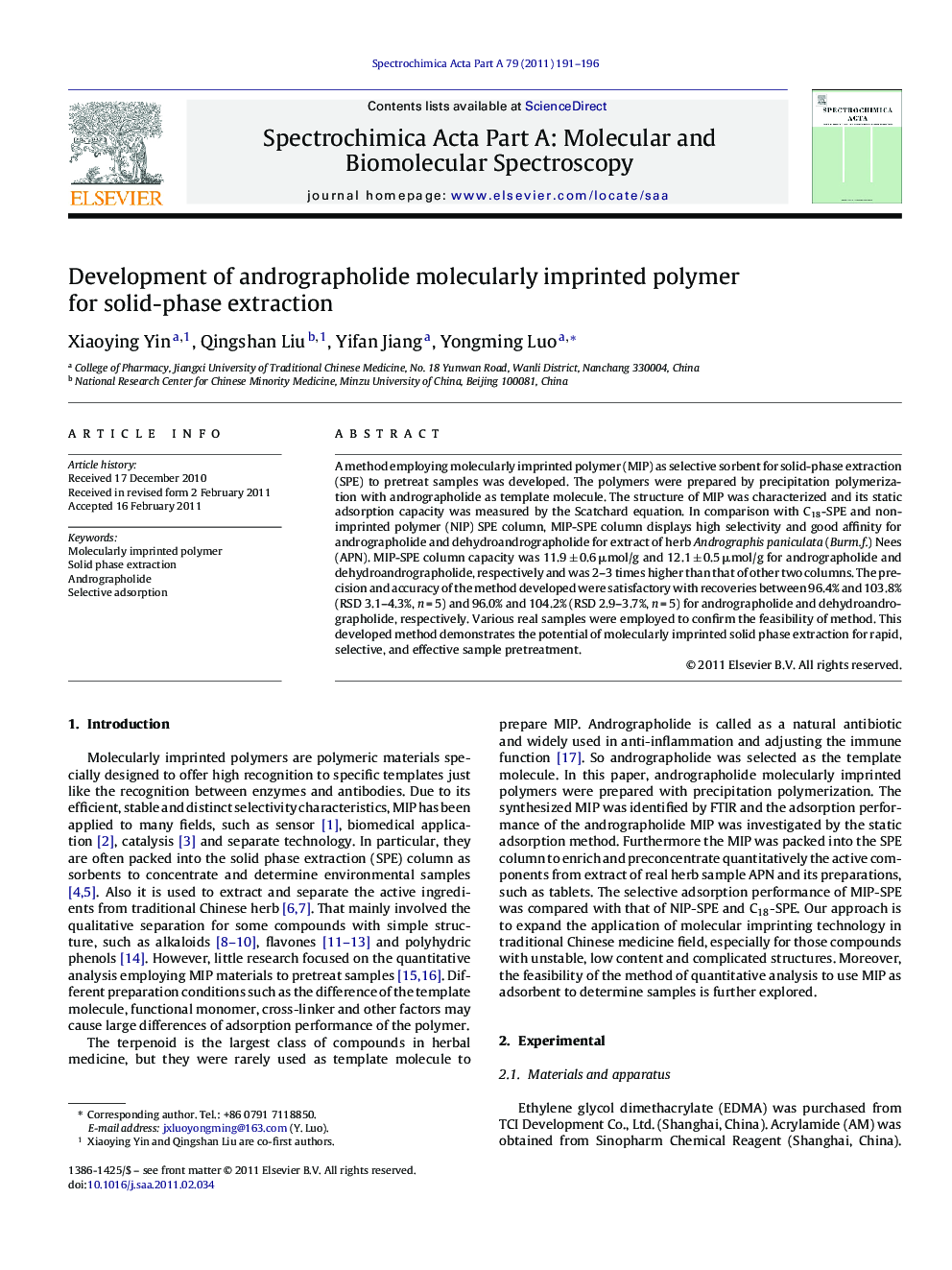 Development of andrographolide molecularly imprinted polymer for solid-phase extraction