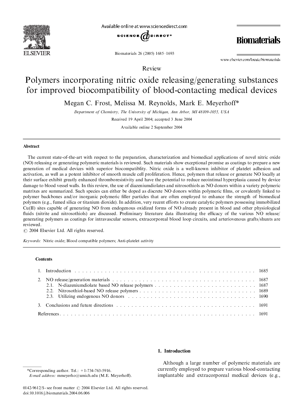 Polymers incorporating nitric oxide releasing/generating substances for improved biocompatibility of blood-contacting medical devices