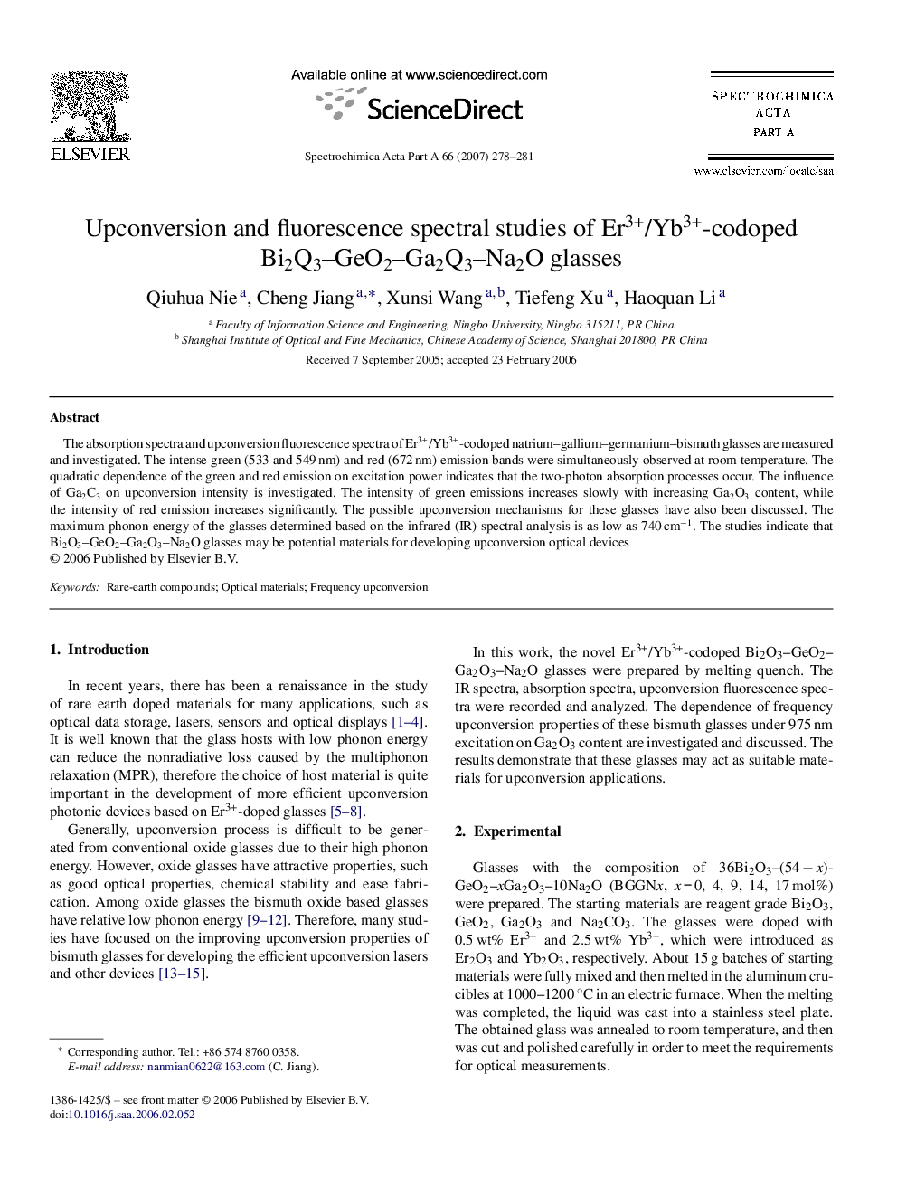 Upconversion and fluorescence spectral studies of Er3+/Yb3+-codoped Bi2Q3-GeO2-Ga2Q3-Na2O glasses