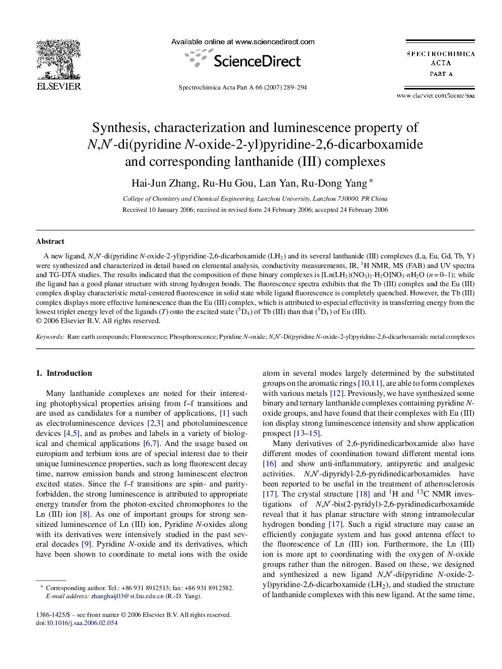 Synthesis, characterization and luminescence property of N,N′-di(pyridine N-oxide-2-yl)pyridine-2,6-dicarboxamide and corresponding lanthanide (III) complexes