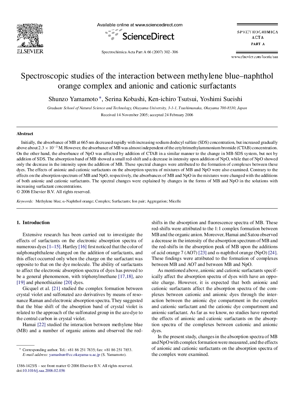 Spectroscopic studies of the interaction between methylene blue–naphthol orange complex and anionic and cationic surfactants