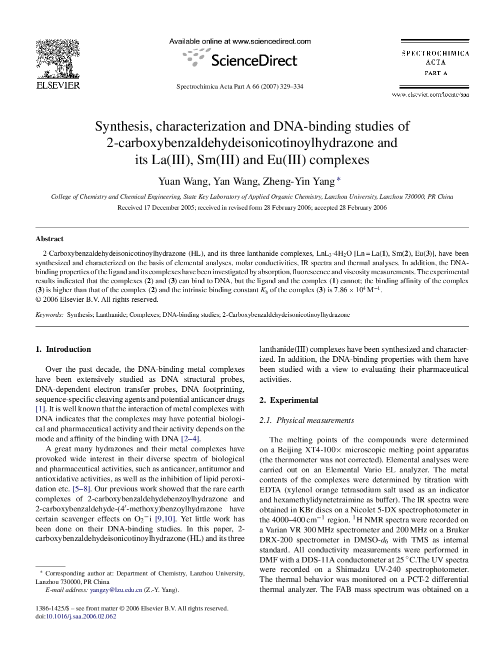 Synthesis, characterization and DNA-binding studies of 2-carboxybenzaldehydeisonicotinoylhydrazone and its La(III), Sm(III) and Eu(III) complexes