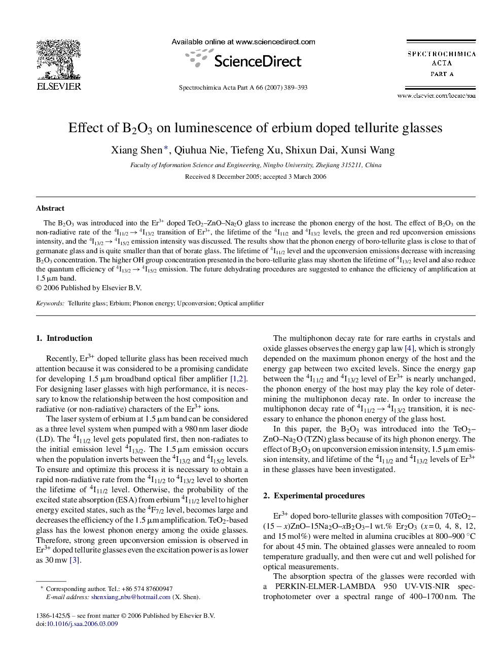 Effect of B2O3 on luminescence of erbium doped tellurite glasses