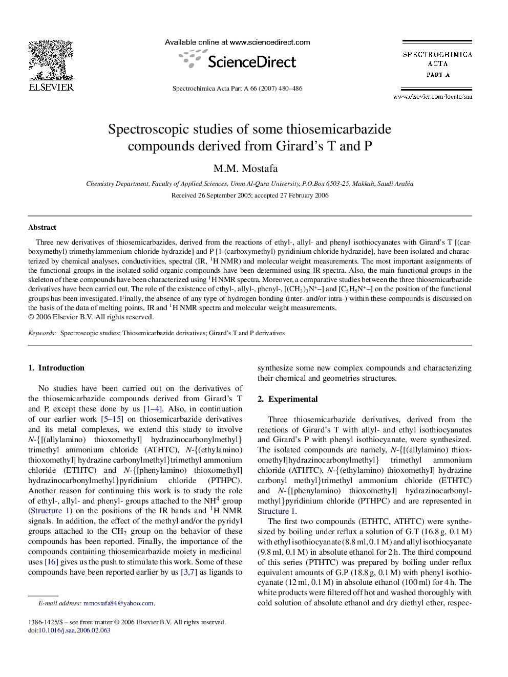 Spectroscopic studies of some thiosemicarbazide compounds derived from Girard's T and P