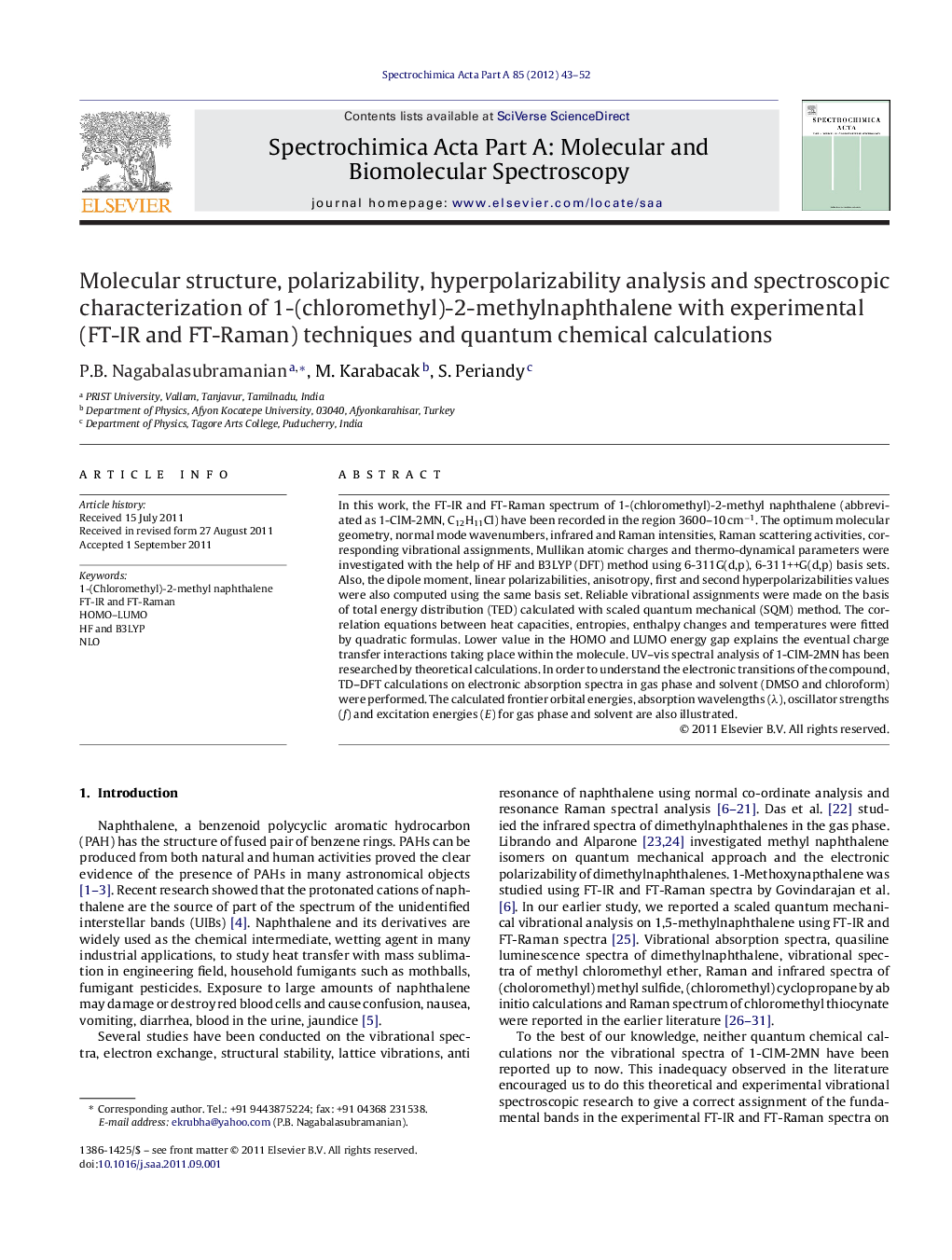 Molecular structure, polarizability, hyperpolarizability analysis and spectroscopic characterization of 1-(chloromethyl)-2-methylnaphthalene with experimental (FT-IR and FT-Raman) techniques and quantum chemical calculations