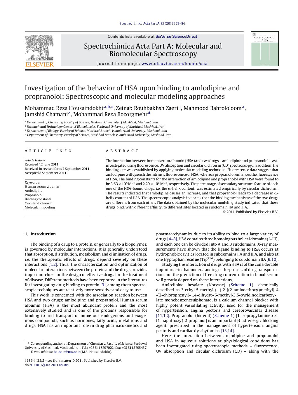 Investigation of the behavior of HSA upon binding to amlodipine and propranolol: Spectroscopic and molecular modeling approaches