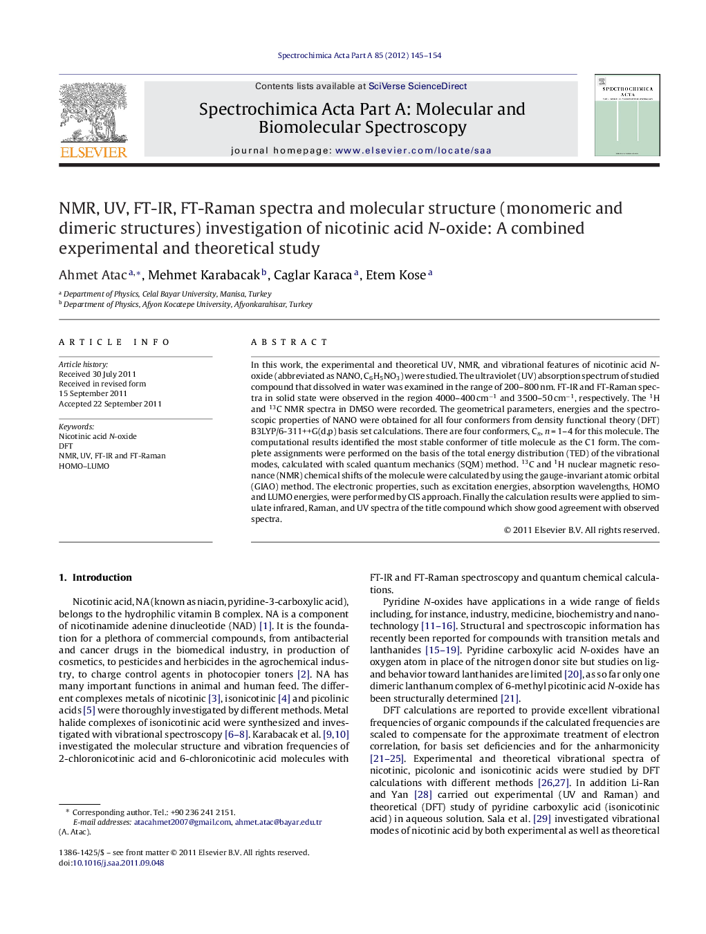 NMR, UV, FT-IR, FT-Raman spectra and molecular structure (monomeric and dimeric structures) investigation of nicotinic acid N-oxide: A combined experimental and theoretical study