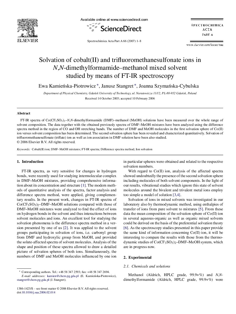 Solvation of cobalt(II) and trifluoromethanesulfonate ions in N,N-dimethylformamide–methanol mixed solvent studied by means of FT-IR spectroscopy