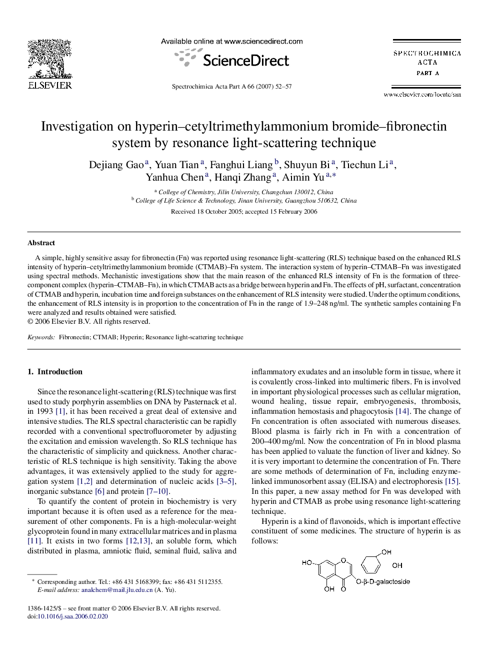 Investigation on hyperin-cetyltrimethylammonium bromide-fibronectin system by resonance light-scattering technique