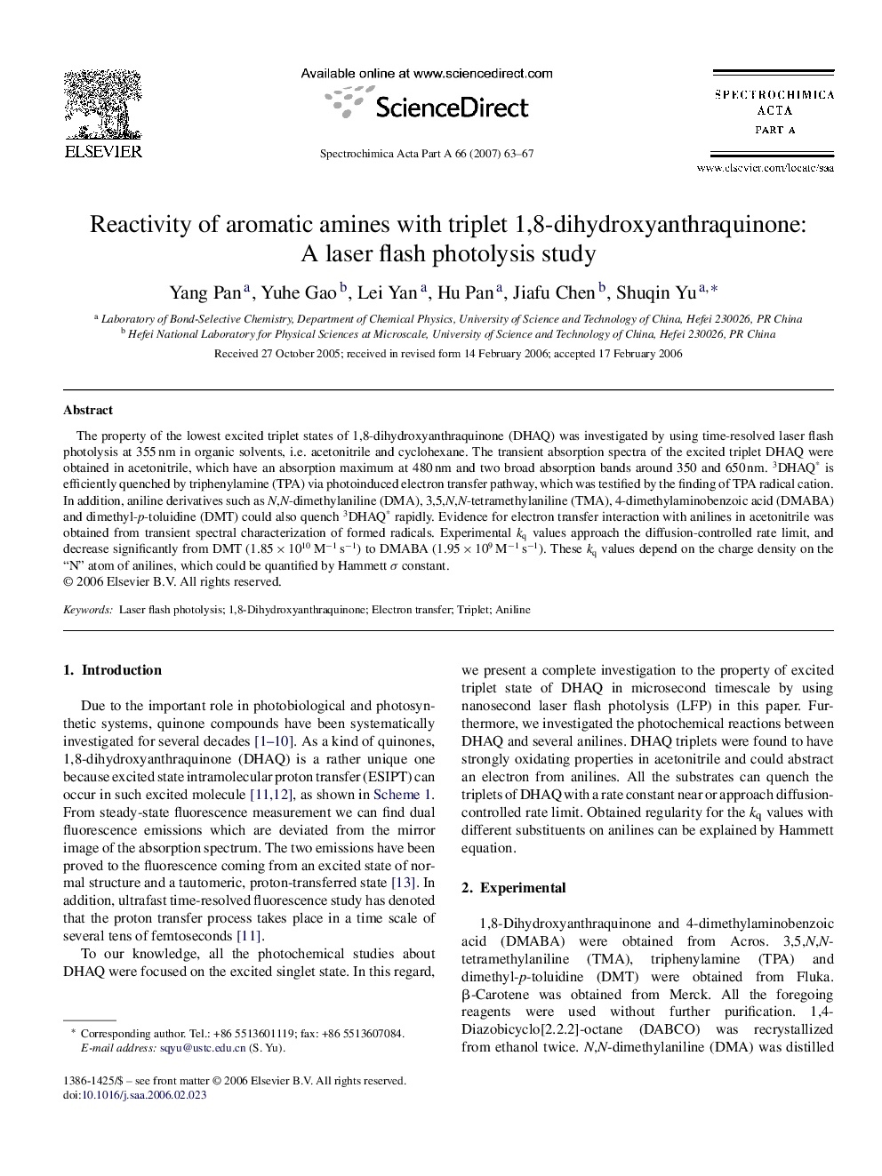 Reactivity of aromatic amines with triplet 1,8-dihydroxyanthraquinone: A laser flash photolysis study