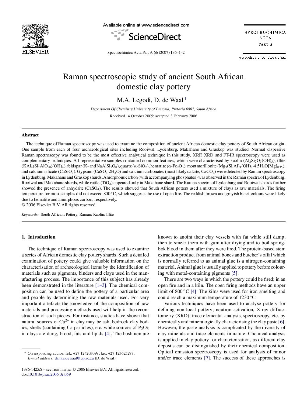 Raman spectroscopic study of ancient South African domestic clay pottery