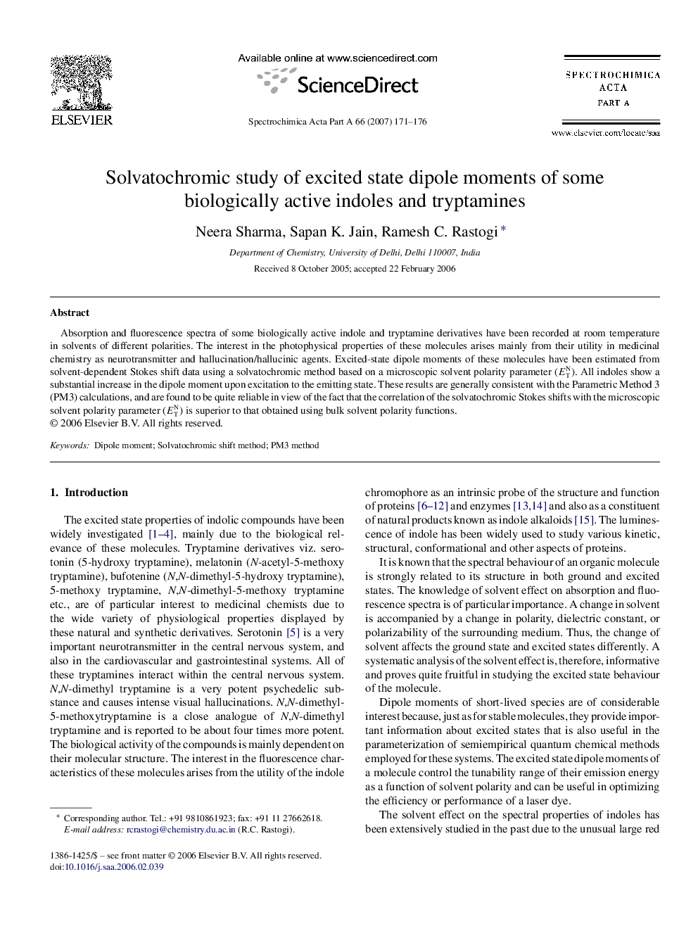 Solvatochromic study of excited state dipole moments of some biologically active indoles and tryptamines