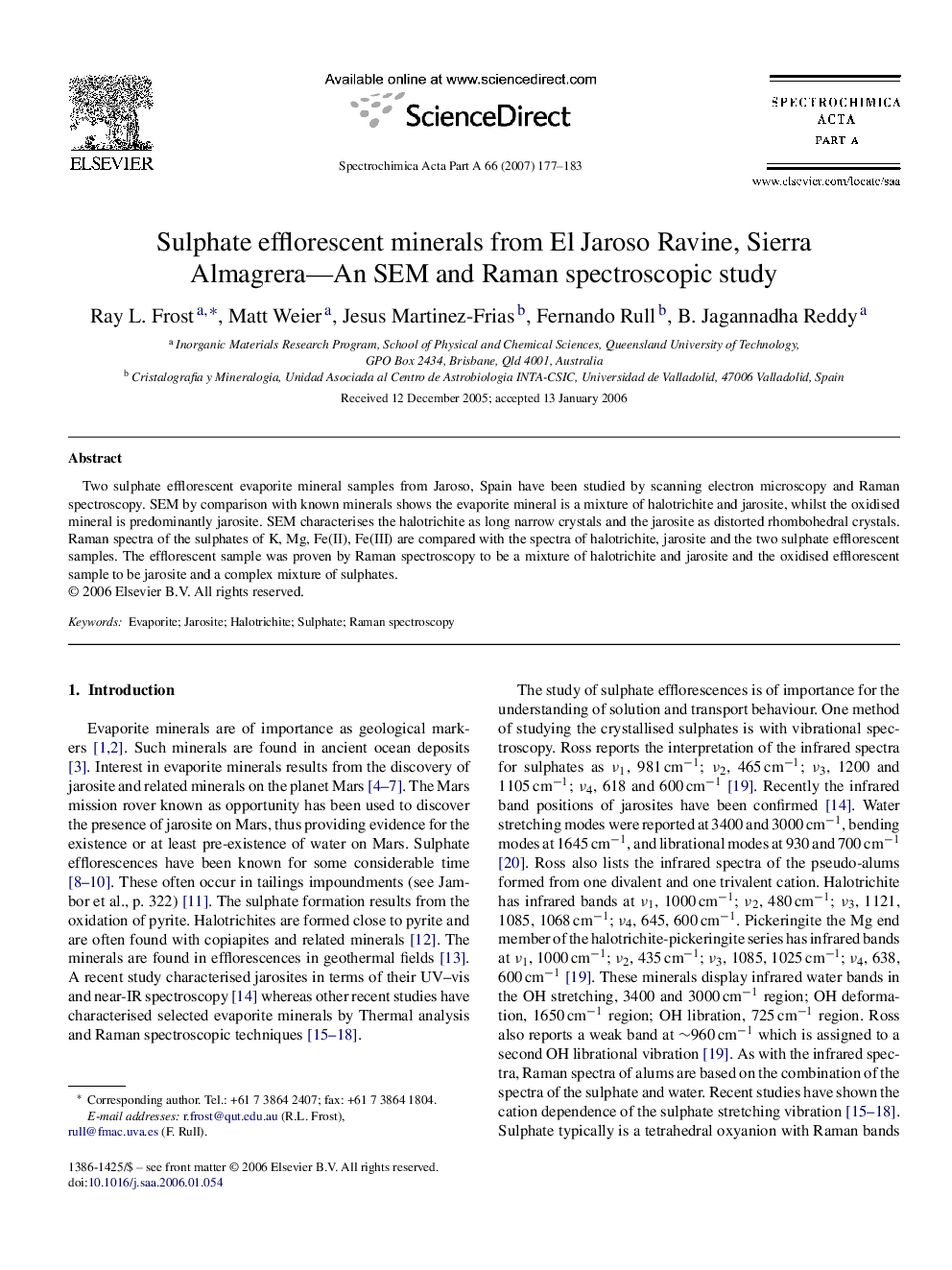 Sulphate efflorescent minerals from El Jaroso Ravine, Sierra Almagrera-An SEM and Raman spectroscopic study