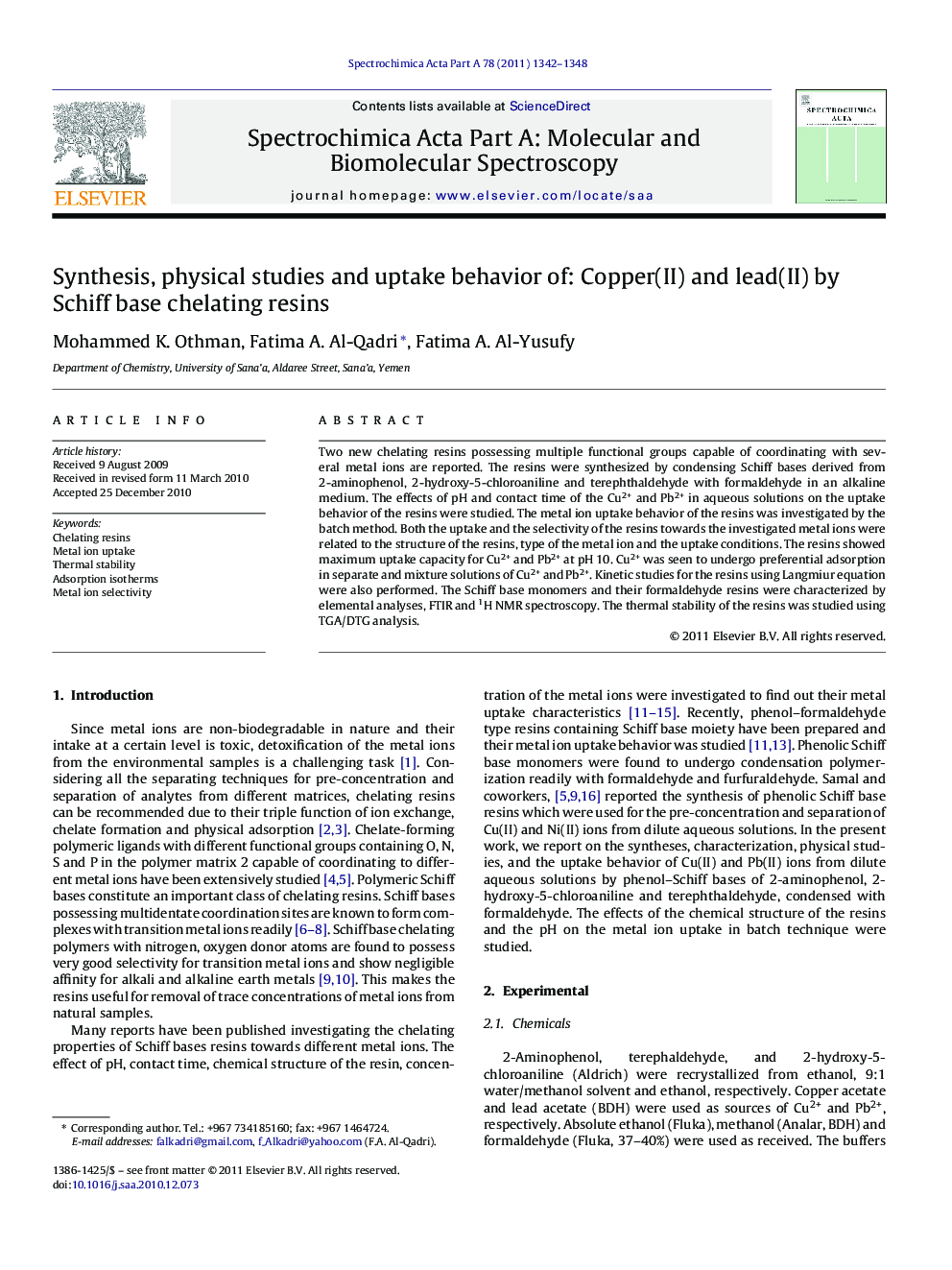 Synthesis, physical studies and uptake behavior of: Copper(II) and lead(II) by Schiff base chelating resins