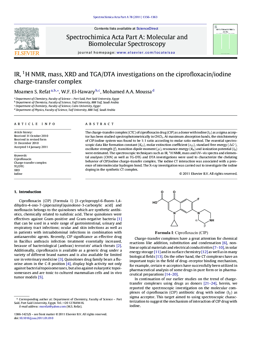 IR, 1H NMR, mass, XRD and TGA/DTA investigations on the ciprofloxacin/iodine charge-transfer complex
