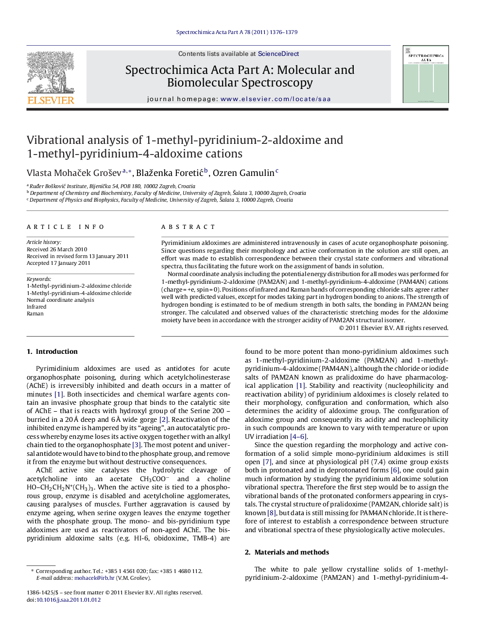 Vibrational analysis of 1-methyl-pyridinium-2-aldoxime and 1-methyl-pyridinium-4-aldoxime cations