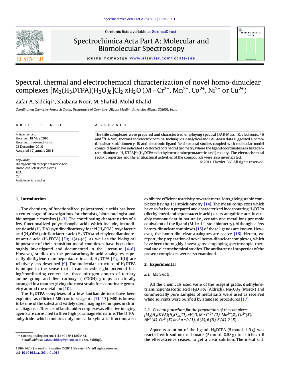 Spectral, thermal and electrochemical characterization of novel homo-dinuclear complexes [M2(H3DTPA)(H2O)6]Cl2·xH2O (M = Cr2+, Mn2+, Co2+, Ni2+ or Cu2+)