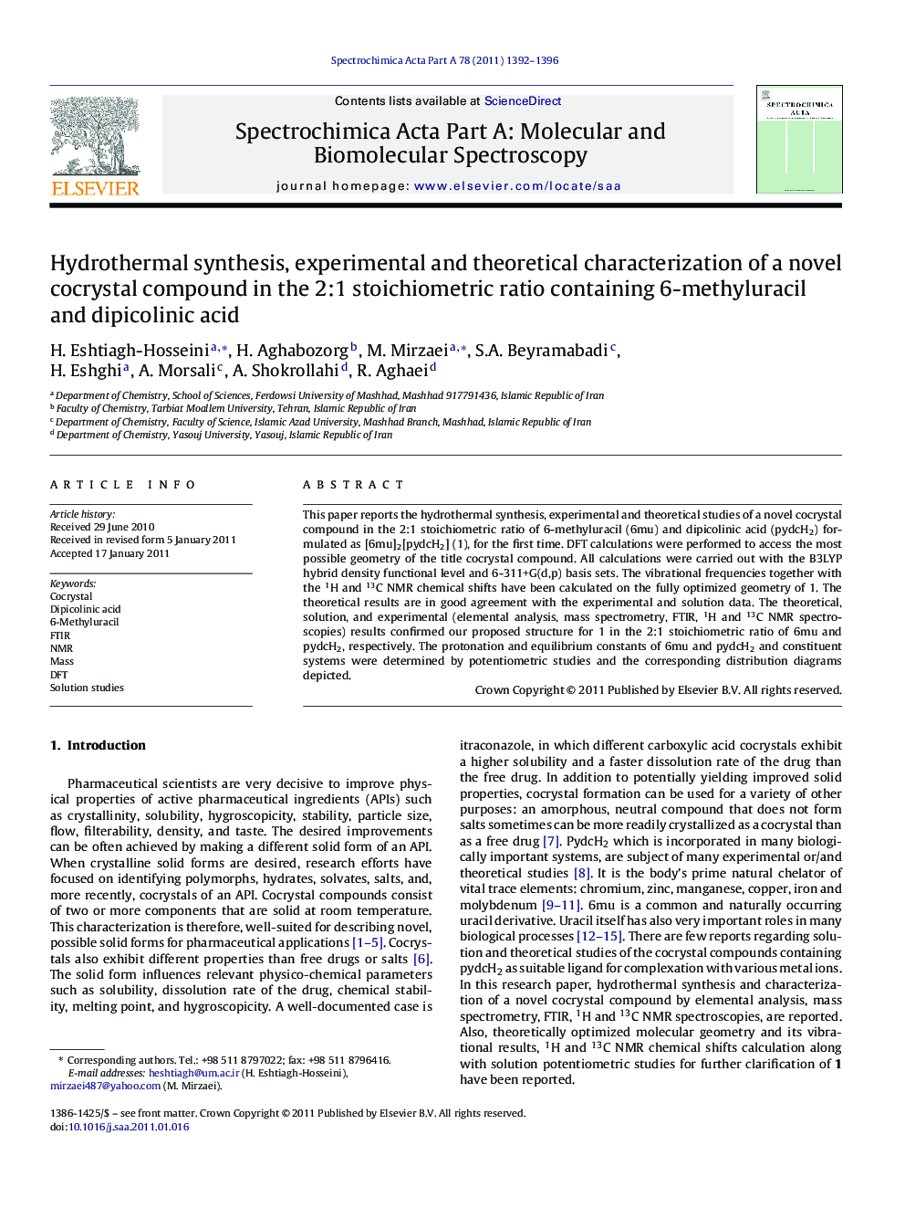 Hydrothermal synthesis, experimental and theoretical characterization of a novel cocrystal compound in the 2:1 stoichiometric ratio containing 6-methyluracil and dipicolinic acid