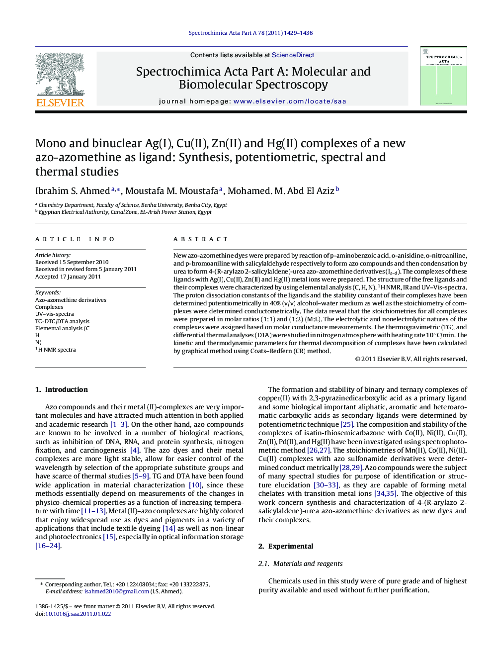 Mono and binuclear Ag(I), Cu(II), Zn(II) and Hg(II) complexes of a new azo-azomethine as ligand: Synthesis, potentiometric, spectral and thermal studies