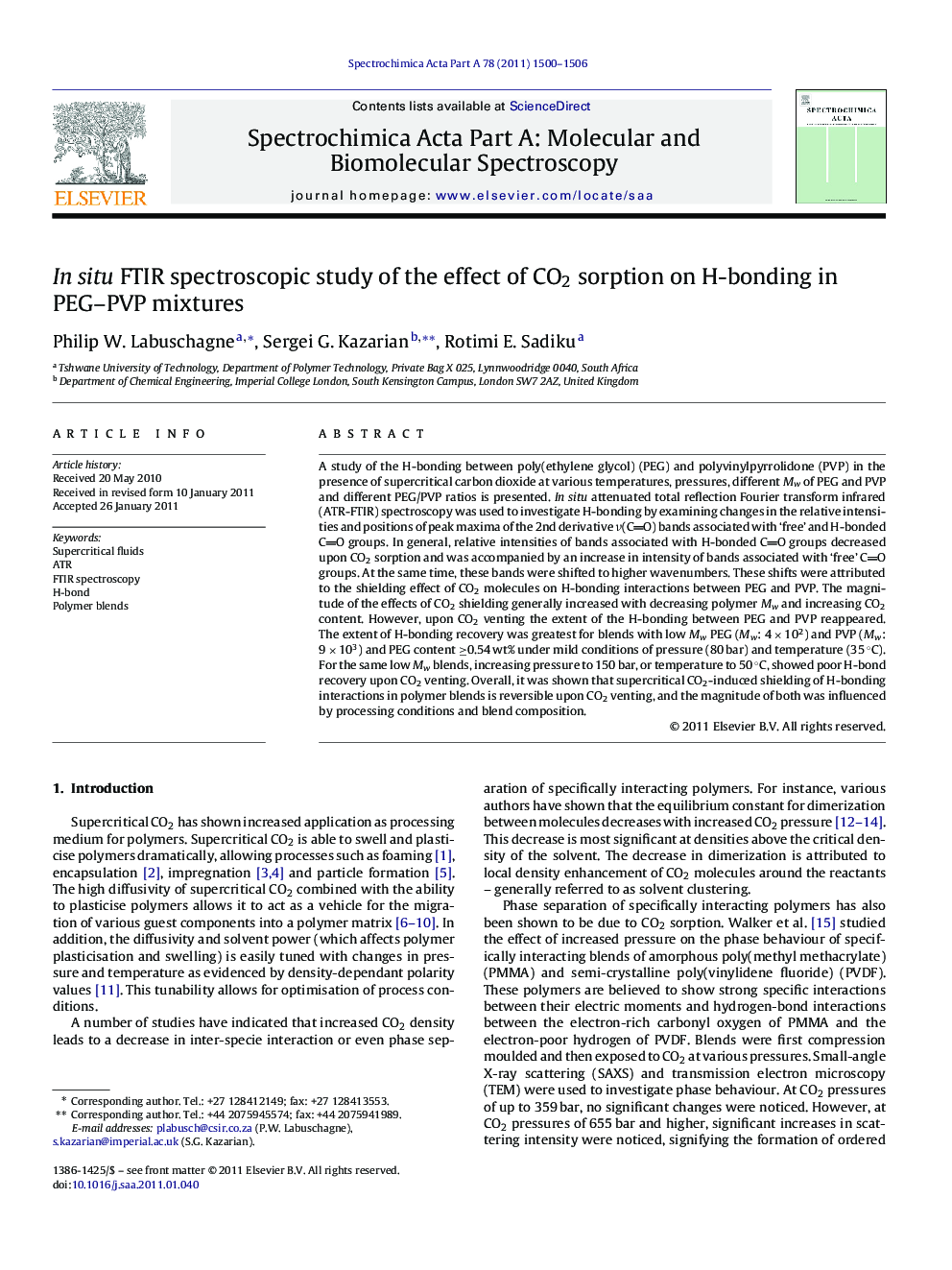 In situ FTIR spectroscopic study of the effect of CO2 sorption on H-bonding in PEG–PVP mixtures