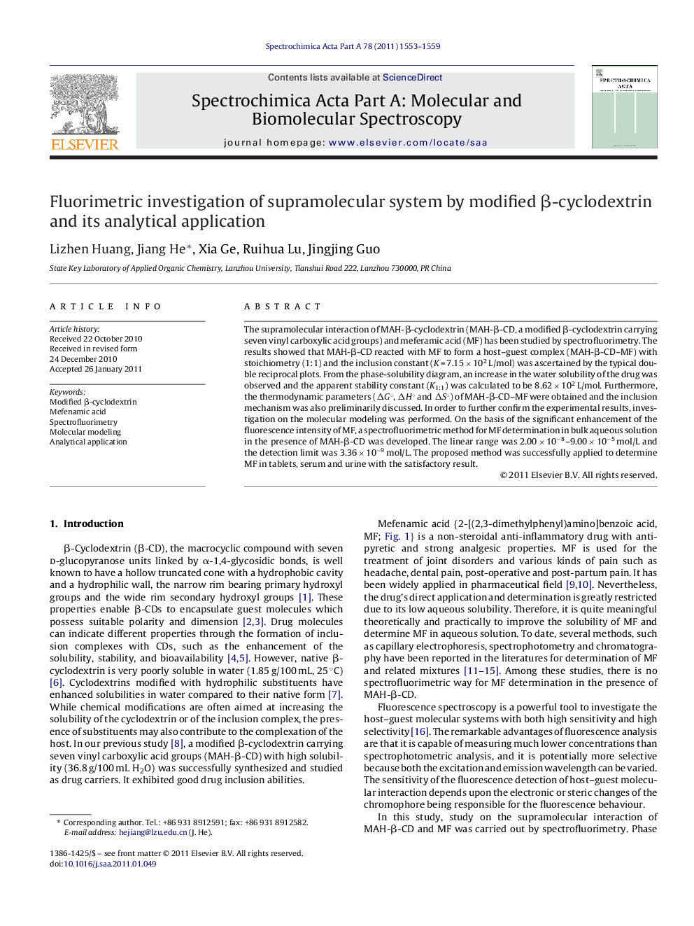 Fluorimetric investigation of supramolecular system by modified β-cyclodextrin and its analytical application