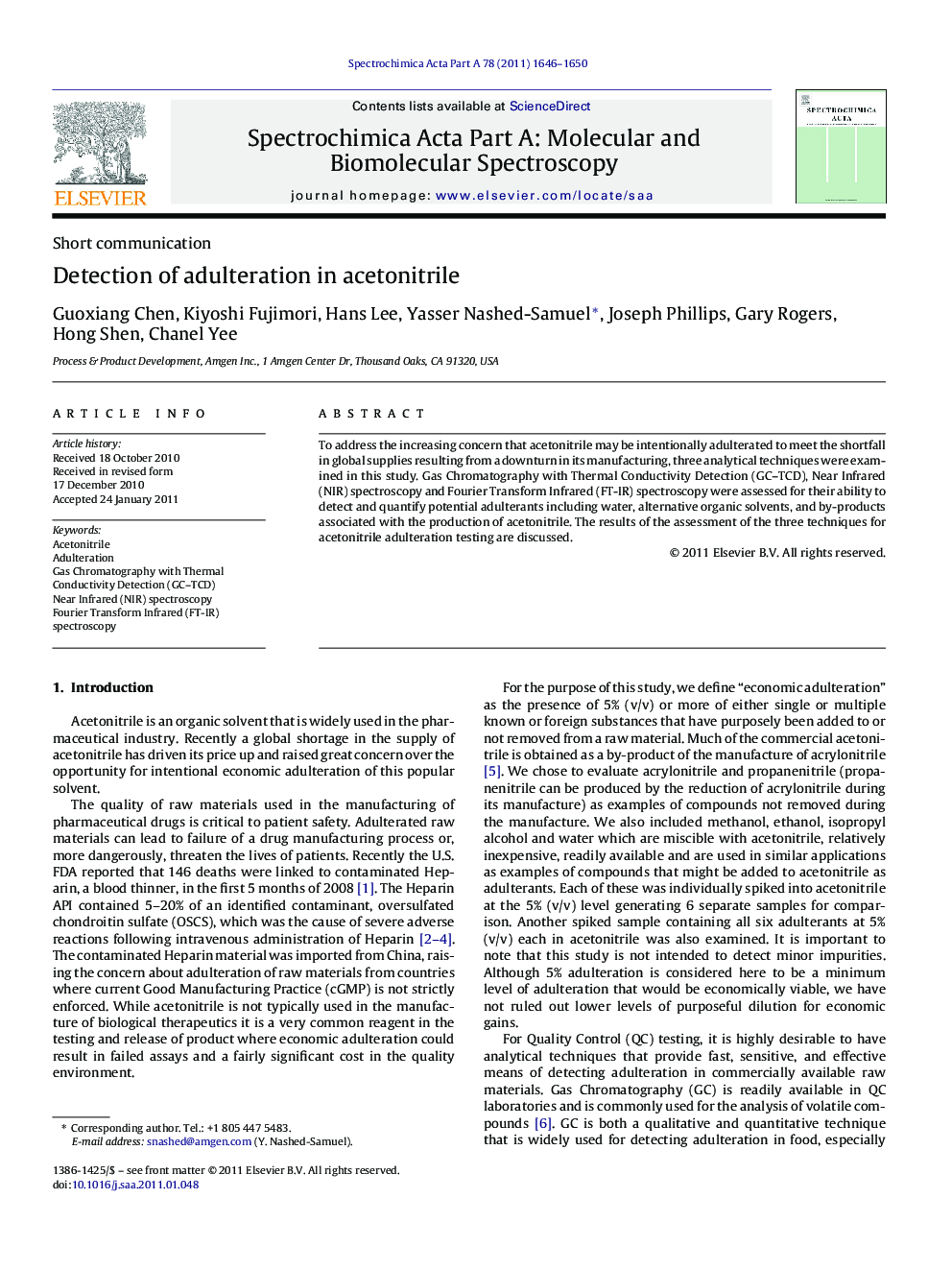 Detection of adulteration in acetonitrile