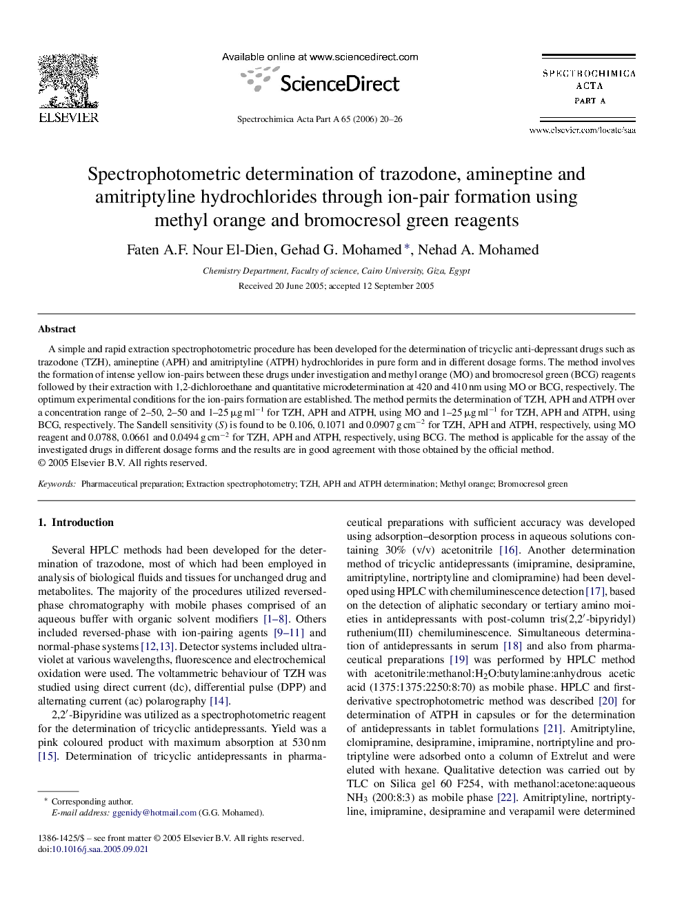 Spectrophotometric determination of trazodone, amineptine and amitriptyline hydrochlorides through ion-pair formation using methyl orange and bromocresol green reagents