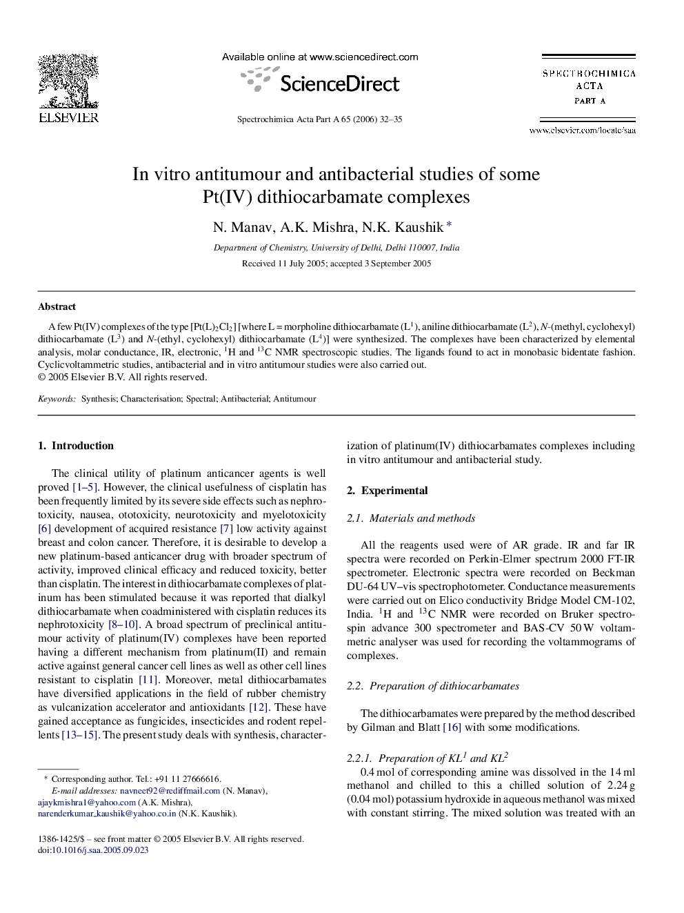 In vitro antitumour and antibacterial studies of some Pt(IV) dithiocarbamate complexes