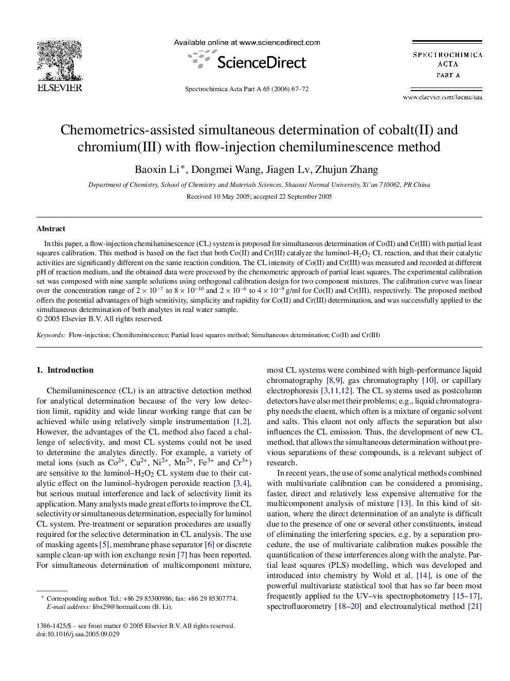 Chemometrics-assisted simultaneous determination of cobalt(II) and chromium(III) with flow-injection chemiluminescence method