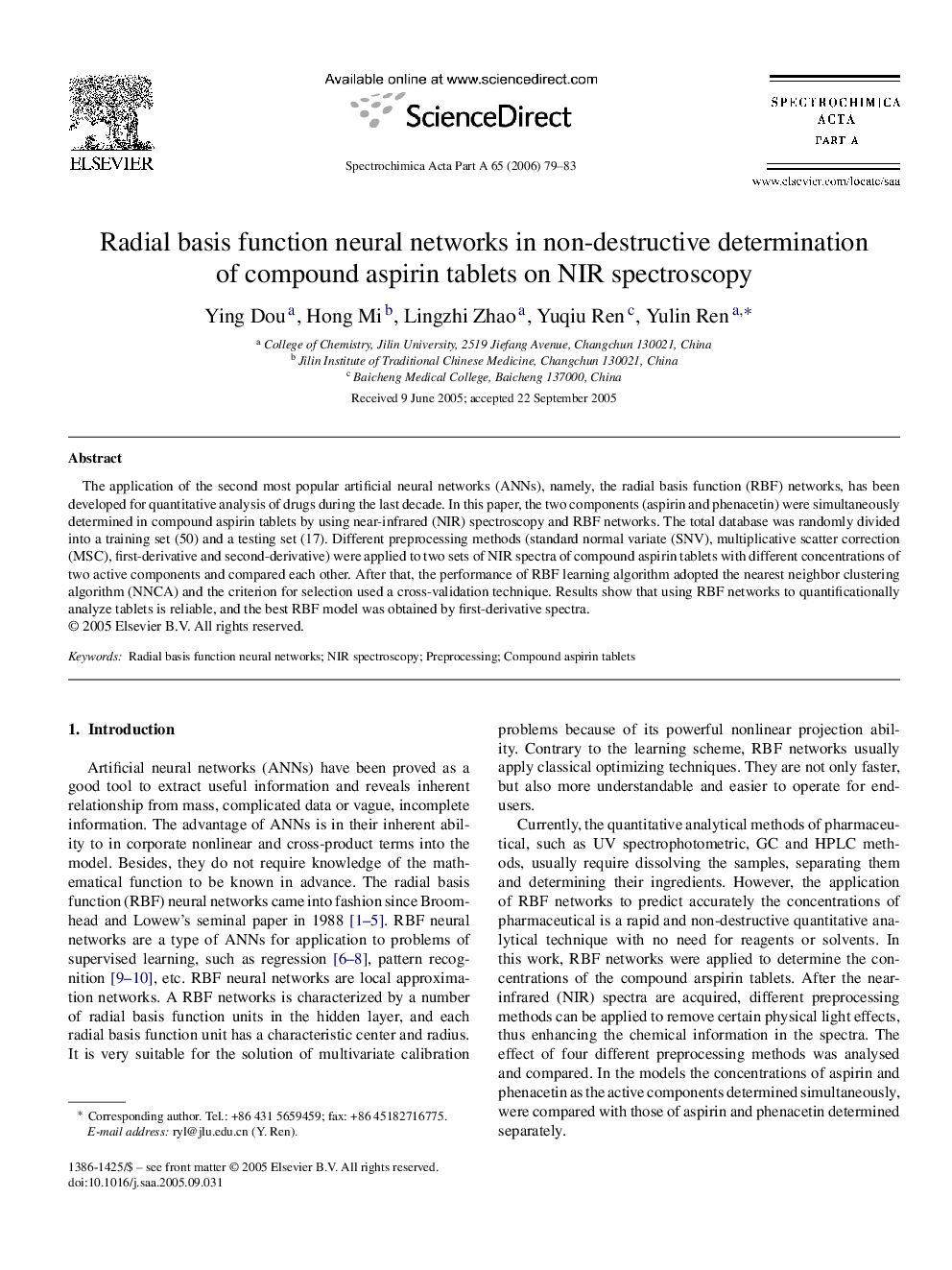 Radial basis function neural networks in non-destructive determination of compound aspirin tablets on NIR spectroscopy