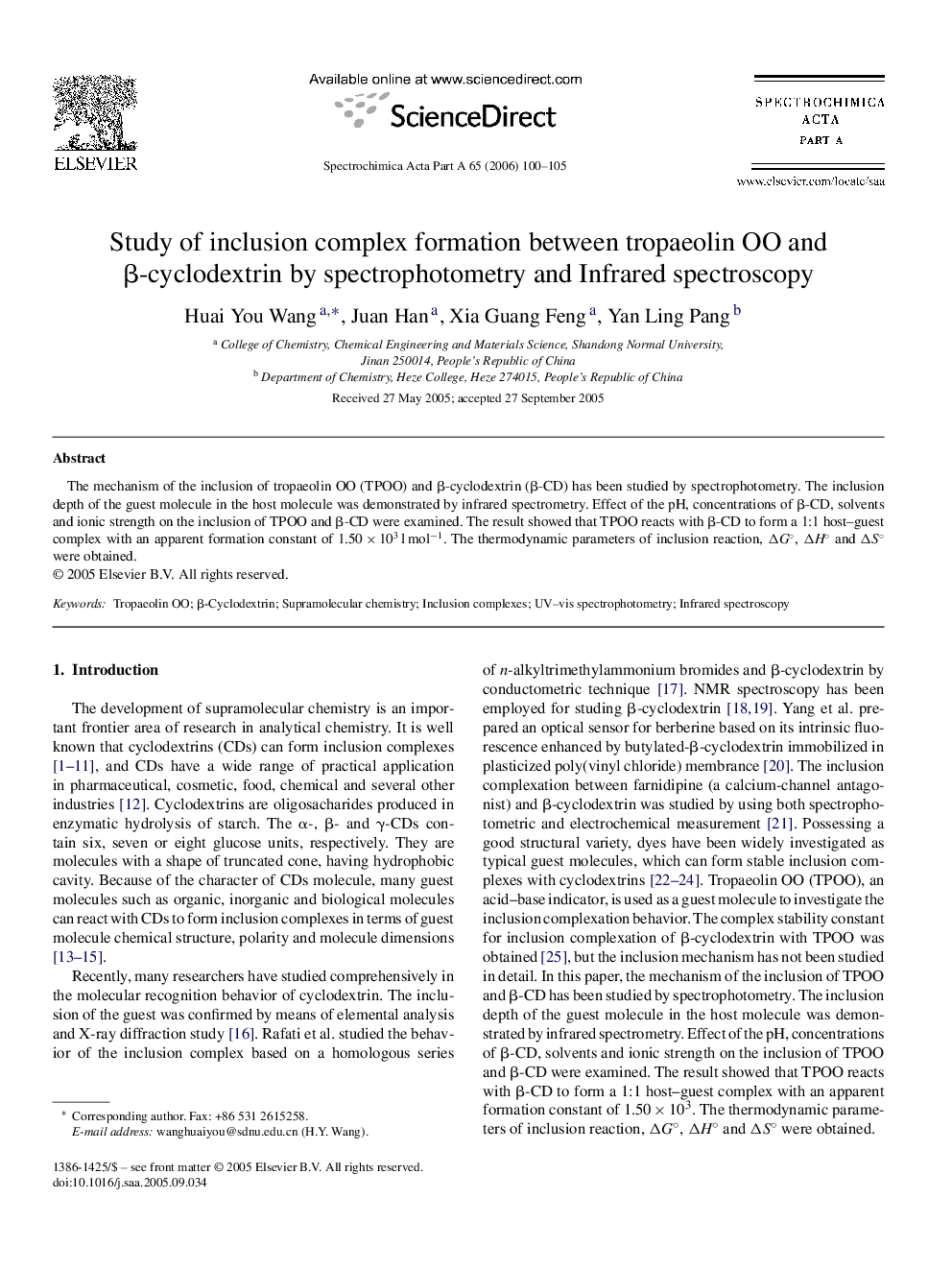 Study of inclusion complex formation between tropaeolin OO and β-cyclodextrin by spectrophotometry and Infrared spectroscopy