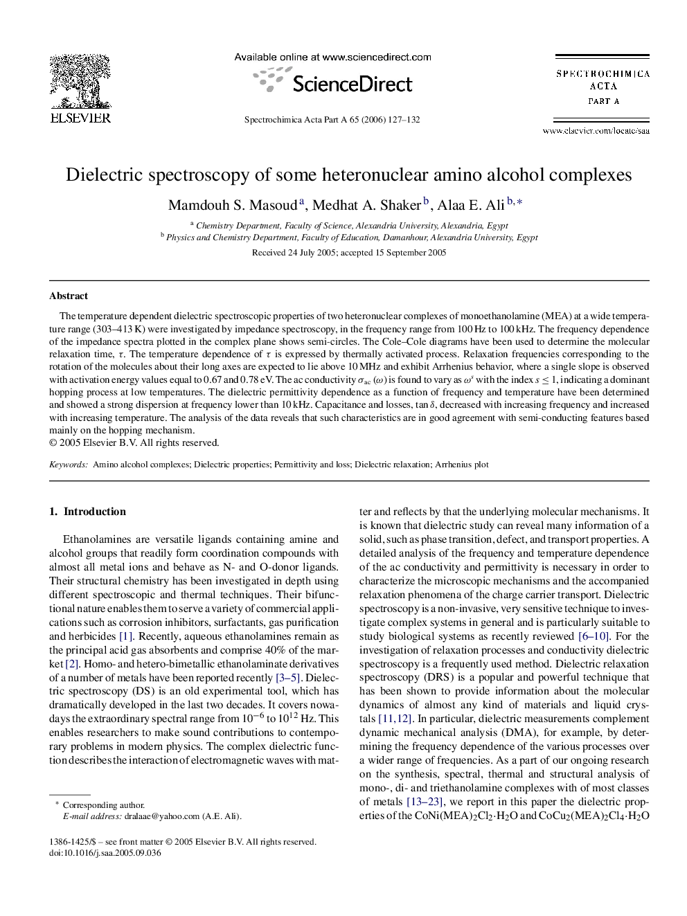 Dielectric spectroscopy of some heteronuclear amino alcohol complexes