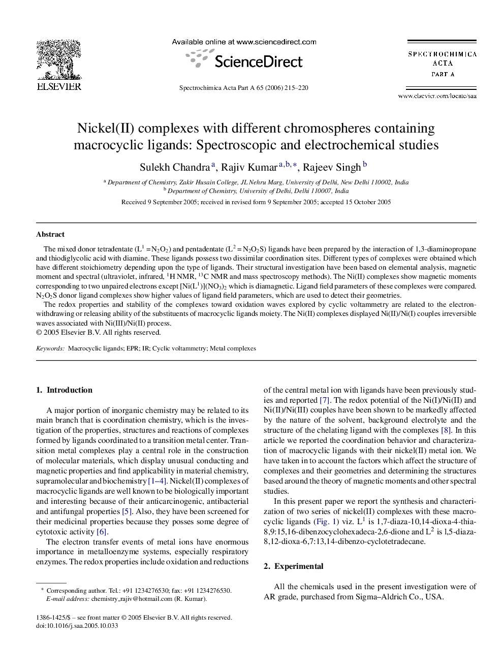 Nickel(II) complexes with different chromospheres containing macrocyclic ligands: Spectroscopic and electrochemical studies