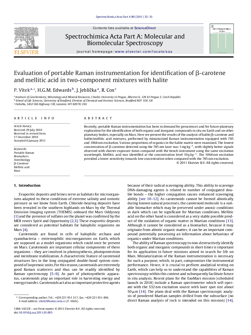 Evaluation of portable Raman instrumentation for identification of β-carotene and mellitic acid in two-component mixtures with halite