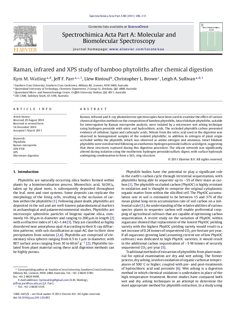 Raman, infrared and XPS study of bamboo phytoliths after chemical digestion