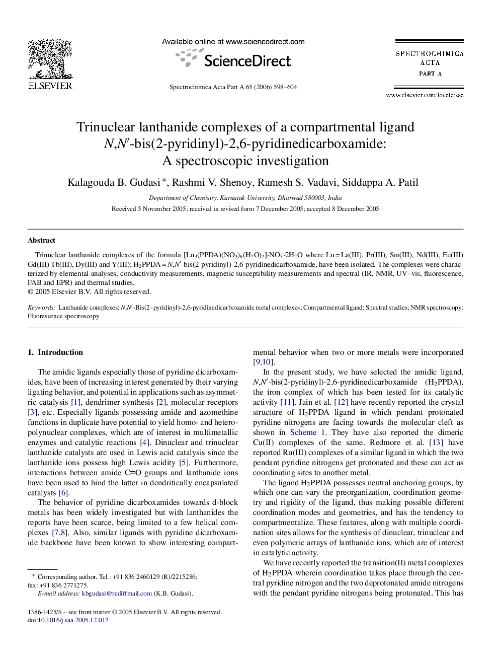 Trinuclear lanthanide complexes of a compartmental ligand N,N′-bis(2-pyridinyl)-2,6-pyridinedicarboxamide: A spectroscopic investigation