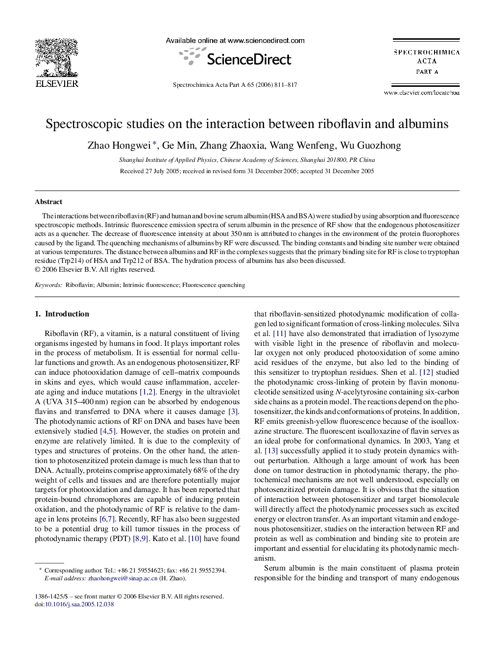 Spectroscopic studies on the interaction between riboflavin and albumins