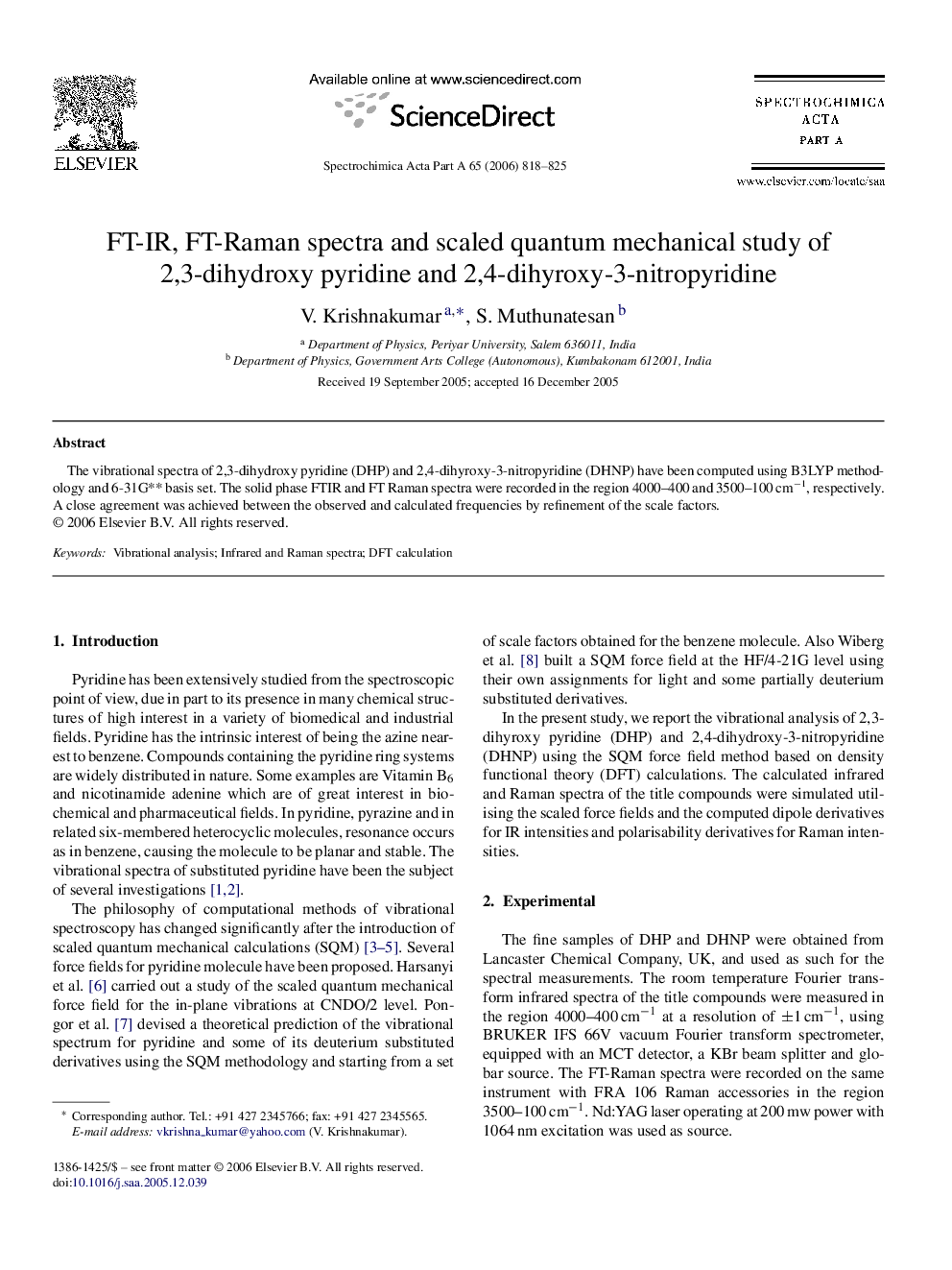 FT-IR, FT-Raman spectra and scaled quantum mechanical study of 2,3-dihydroxy pyridine and 2,4-dihyroxy-3-nitropyridine